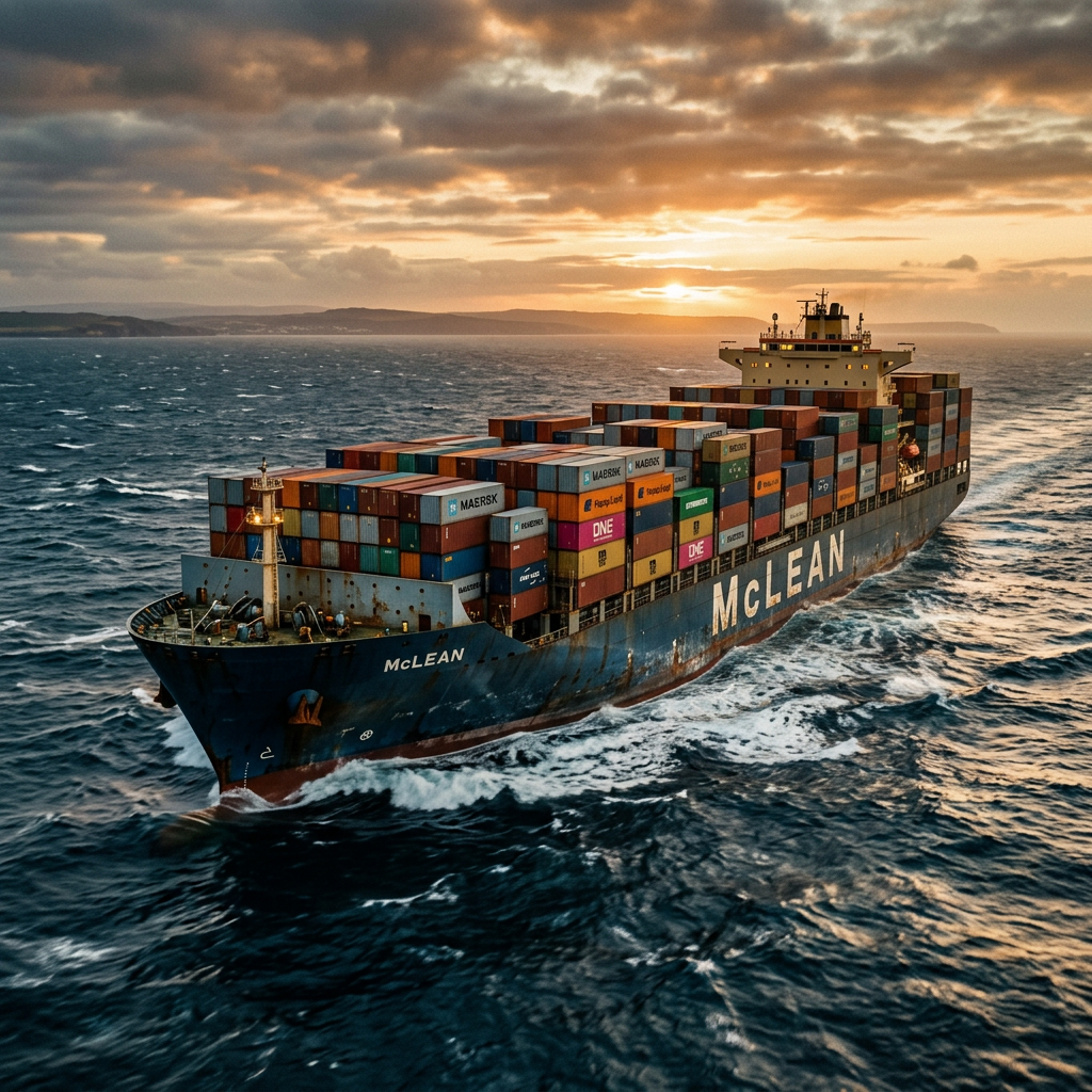 Cargo ship McLEAN carrying multicolored containers sailing on ocean at sunset
