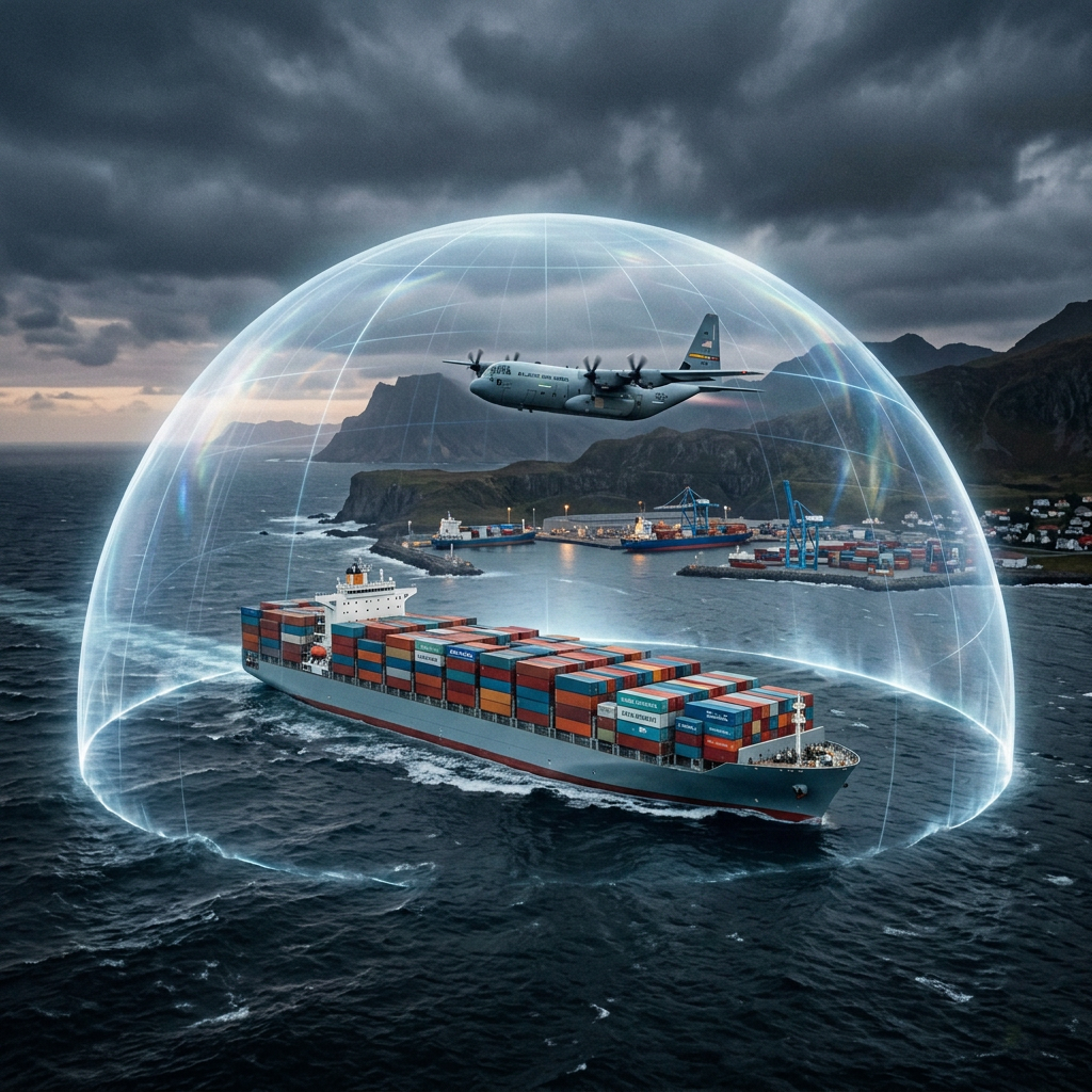 Naval destroyer surrounded by translucent energy shield with fighter jet flying above